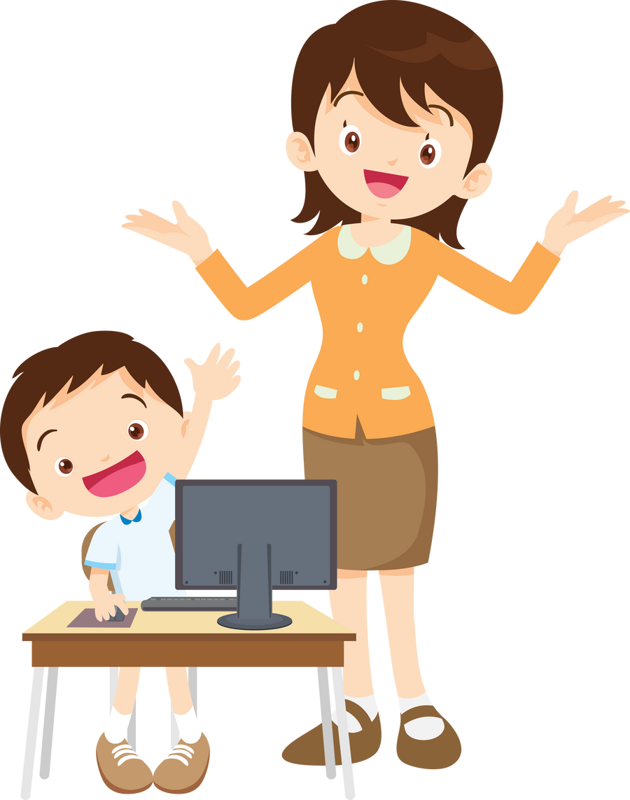 happy teacher and student boy learning computer hand up